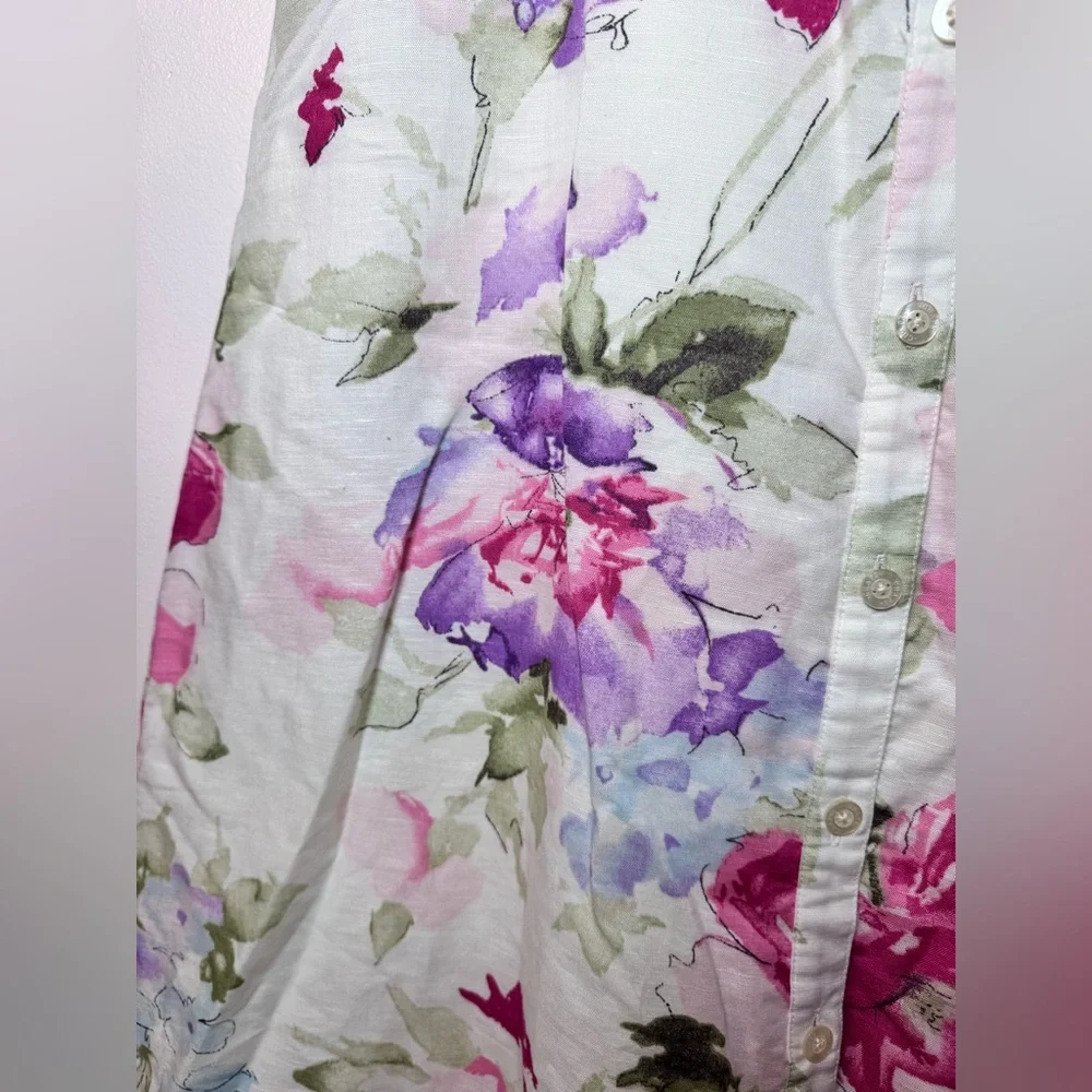 Vintage RL Chaps Linen Midi White Floral Watercolor Lined A-Line Skirt - Size 6 - Picture 2 of 7